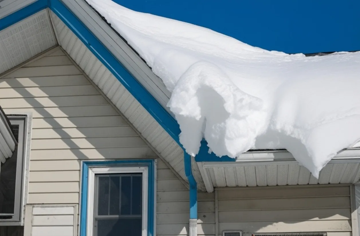 Snow piled deep on a cottage roof in Ontario's Bruce Peninsula cottage country.